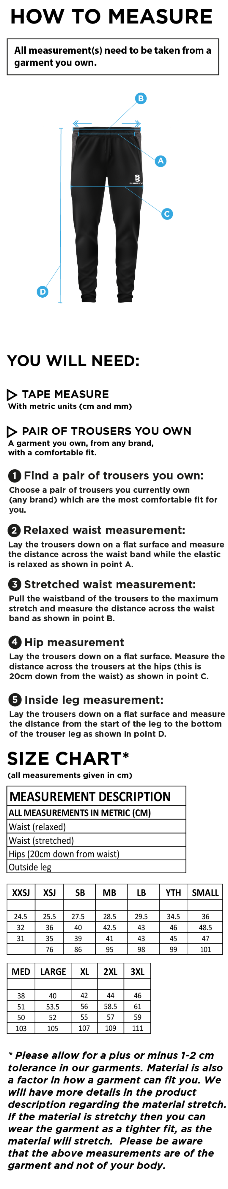 AAC CC - Tek Slim Pant - Size Guide